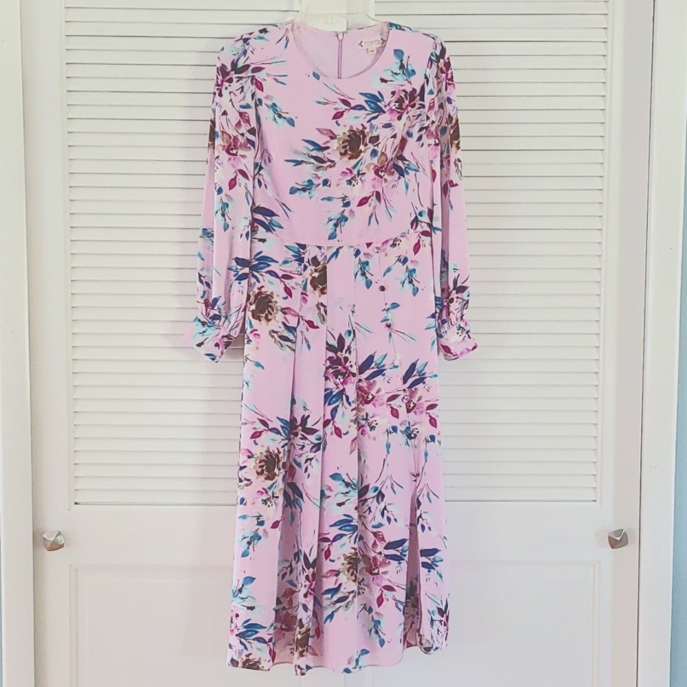 Nanette Lepore Lg Slv Lined Midi Dress. Sz 2. "Sugar Plum" Floral Print